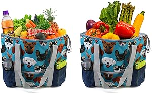 Durable Insulated Cooler Shopping Bags for Groceries Beach Travel Hot Cold Frozen Food Transport Extra-Large Thermal Food Delivery Bags Set of 2 with Zipper Heavy Duty Teal Blue Cute Dog Printed