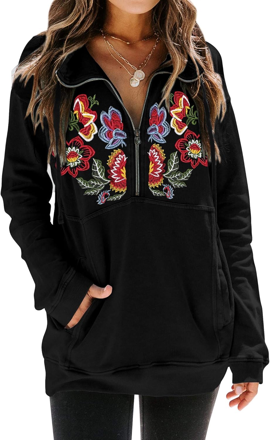 MYMORE Women's Floral Embroidery Shirt Drawstring Half Zip Up Long Sleeve Pullover Sweatshirt Top with Pockets at  Women’s Clothing store