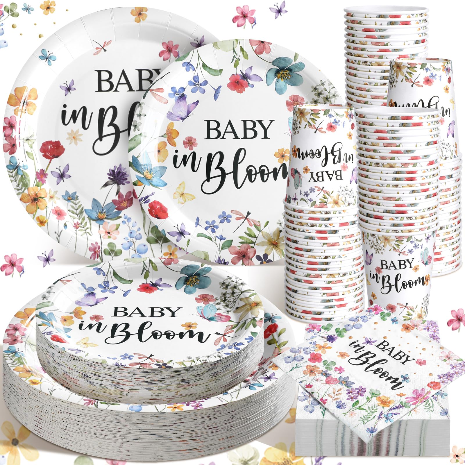 Photo 1 of Hsei 250 Pcs Baby in Bloom Baby Shower Decorations Wildflower Plates and Napkins Set Spring Floral Party Tableware Set for 50 Guests Floral Disposable Plates Napkins Cups for Birthday Party Supplies