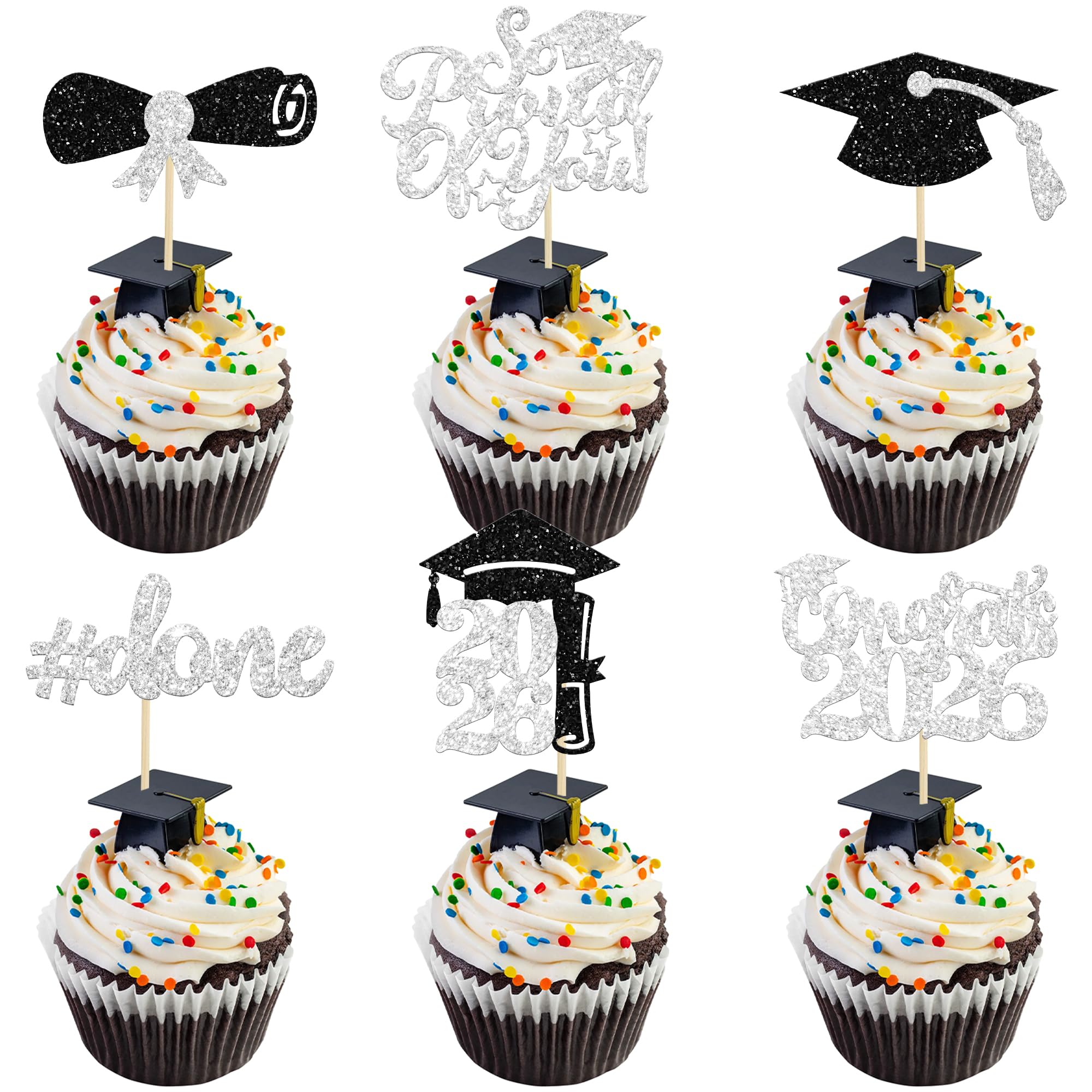 Gyufise 24Pcs Graduation Cupcake Toppers 2026 Silver Glitter Class of 2026 Cupcake Toppers Supplies So Proud of You Congrats Grad Cap Diploma Cupcake Picks for Graduation Party Decorations