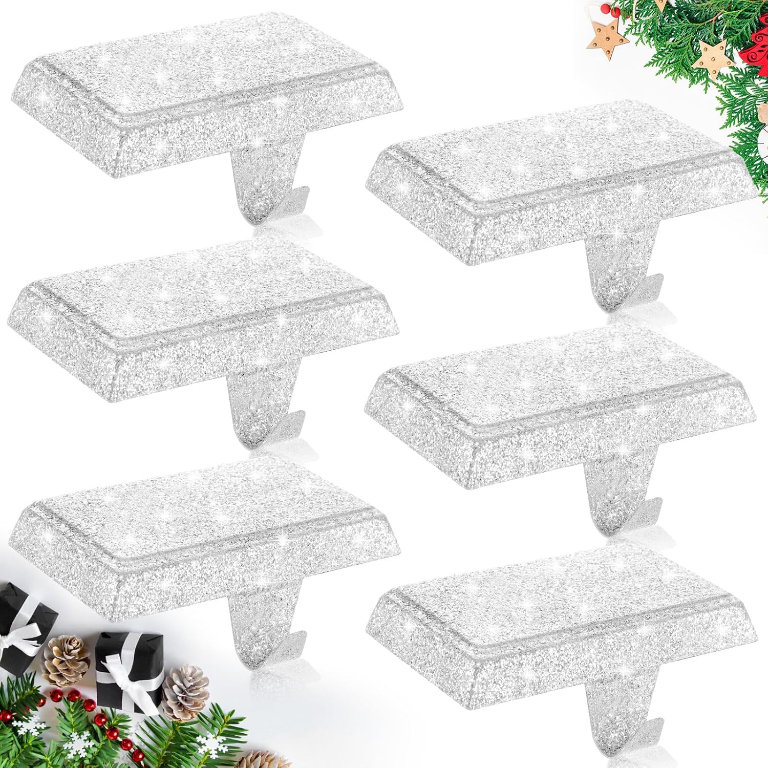 Ornament Hooks - Huwena Christmas Stocking Holders Shiny Mantel Stocking Hangers Fireplace Hangers Glitter Hanging Hooks for Christmas Holiday Fireplace Window Table Supplies (White, 6 Pcs)