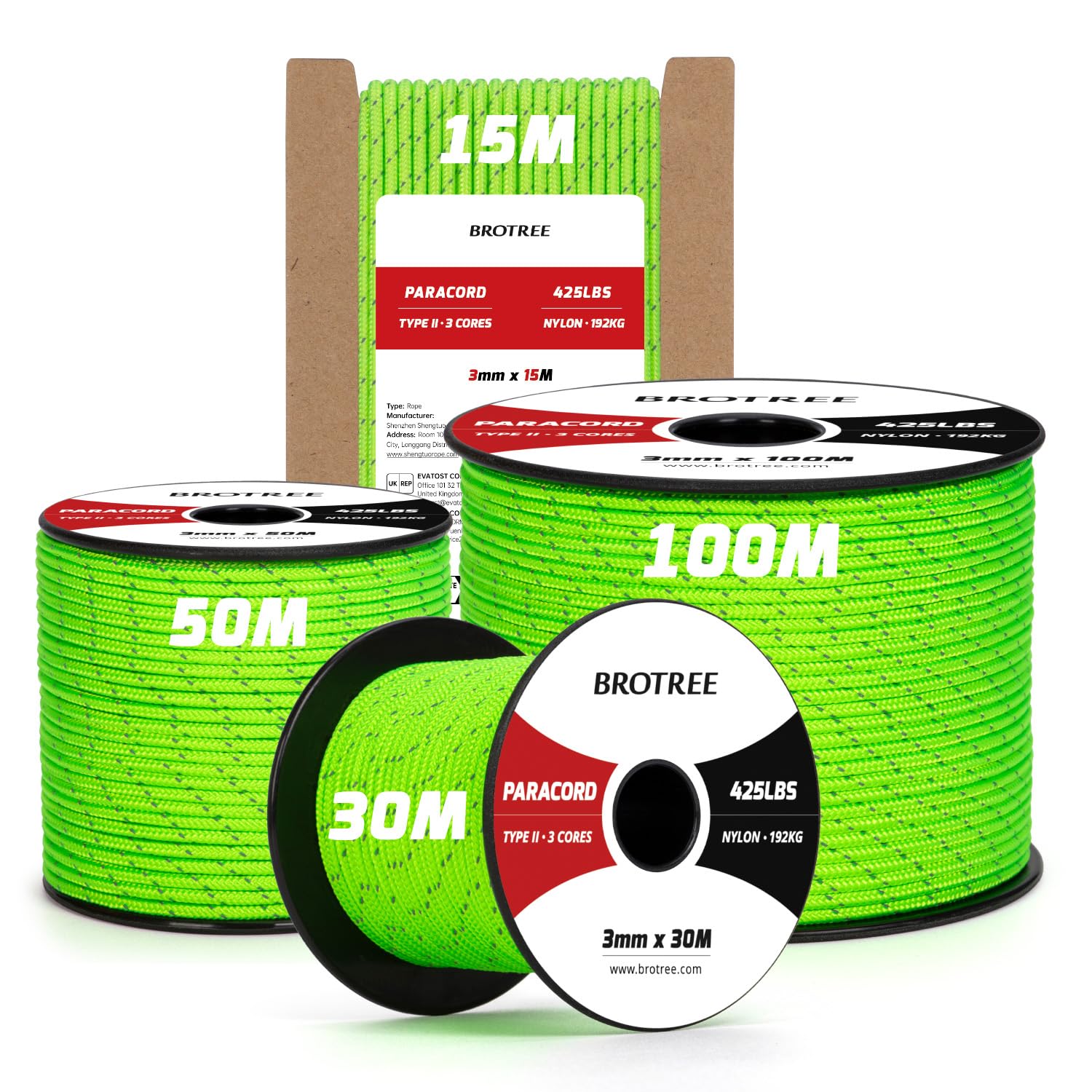 Brotree 3mm Paracord 425 100% Nylon 50M Rope 3 Strands Type II Parachute Cord for Outdoor, Craft, DIY - 192kg Breaking Load (Reflective Neon Green)