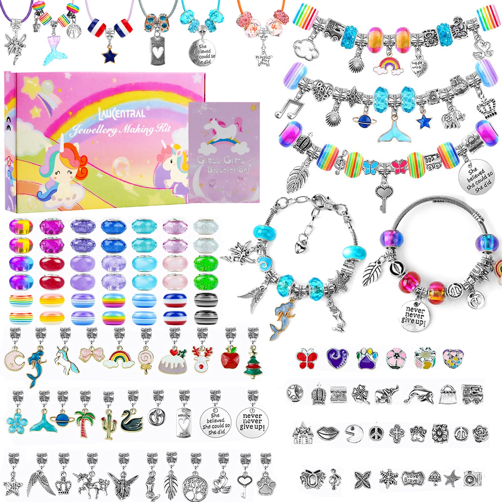 LauCentral 164 Pieces Charm Bracelet Making Kits, Jewelry Making Supplies Beads DIY Art Crafts Supplies Set with Snake Chain String for Christmas Gifts for Girls Teens Children Age 8-12