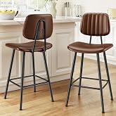 Raynesys 24-Inch Leather Bar Stools Set of 2 with High Backrest, Dark Brown | Faux Leather, Counter Height Barstools, Heavy Duty Metal Legs, With Footrest, For Kitchen Island