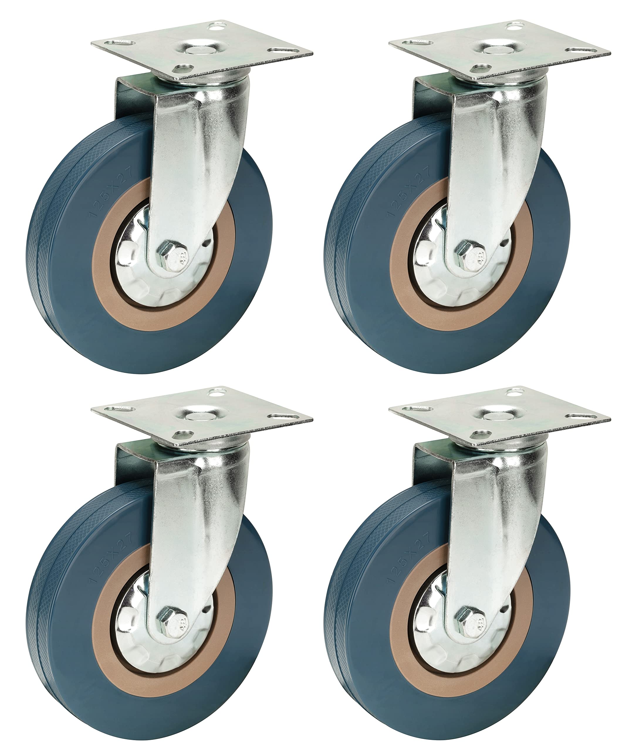 125mm Non Marking Grey Hard Rubber Castors - Top Plate Fixing - Heavy Duty Casters Wheels by Bulldog Castors - Max 400Kg Per Set