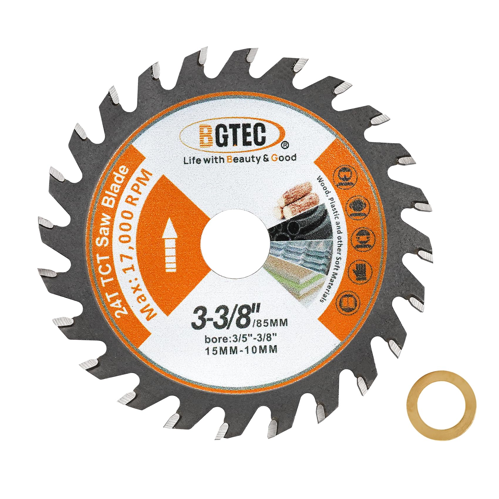 BGTEC TCT Carbide Circular Saw Blade - Wood Cutting Wheel 3-3/8"/85mm 24T with 15mm Arbor for Cutting Wood Plastic