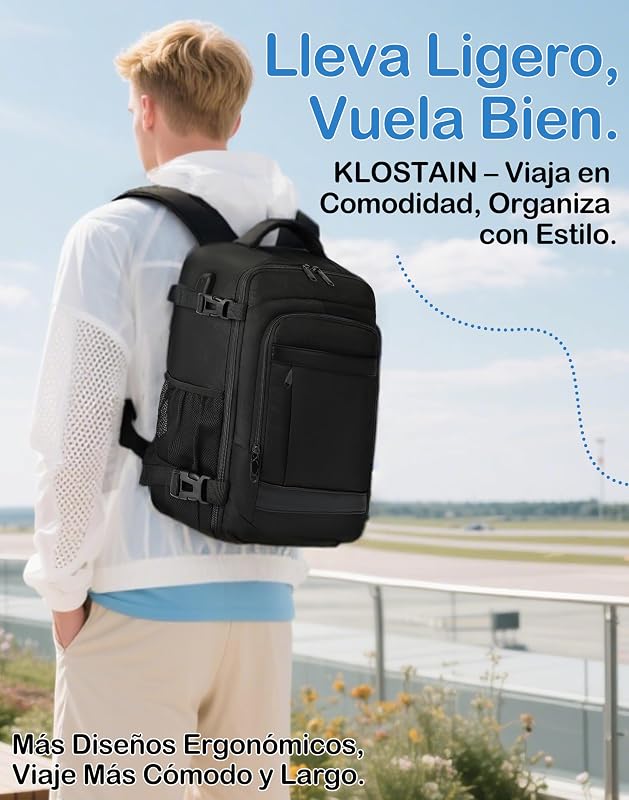 Mochila 40x30x20 Viaje Cabina Avión Equipaje de Mano Aprobada para Ryanair EasyJet Eurowings Hombre Mujer 24L Negro