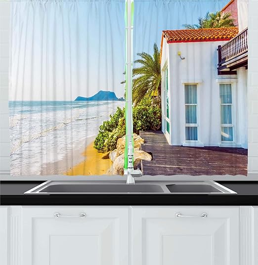 Amazon Com Ambesonne Ocean Kitchen Curtains Coastal Charm Themed