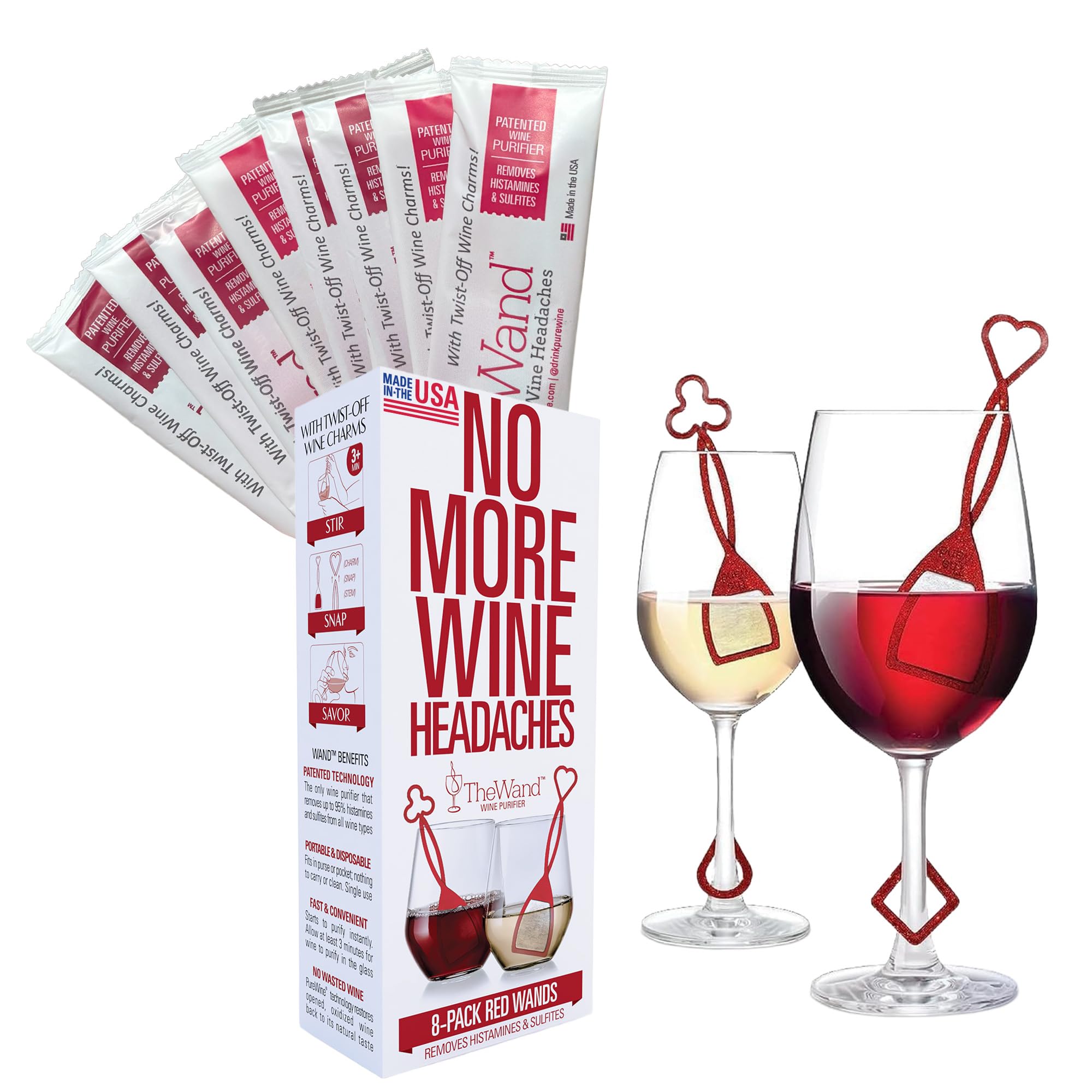 PureWine Red Wand Histamine and Sulfite Filter, Purifier Reduces Wine Allergies, Stir Stick Aerates Wine - Pack of 8