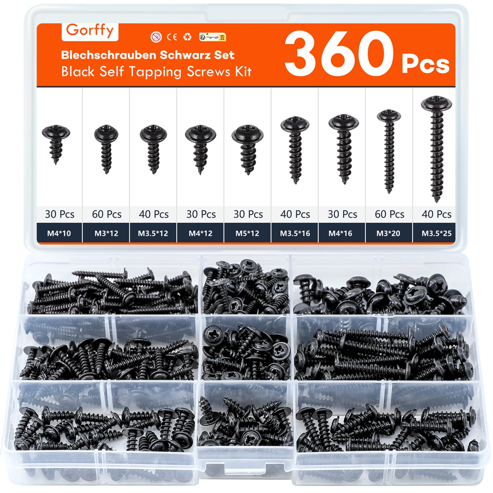 Gorffy Self Tapping Screws，360 PCS Black Screws, Wood Screws, Countersunk Wood Screws Assortment, Multi Use High Performance Screw, Assorted Wood Screw For DIY, Furniture & Repairs