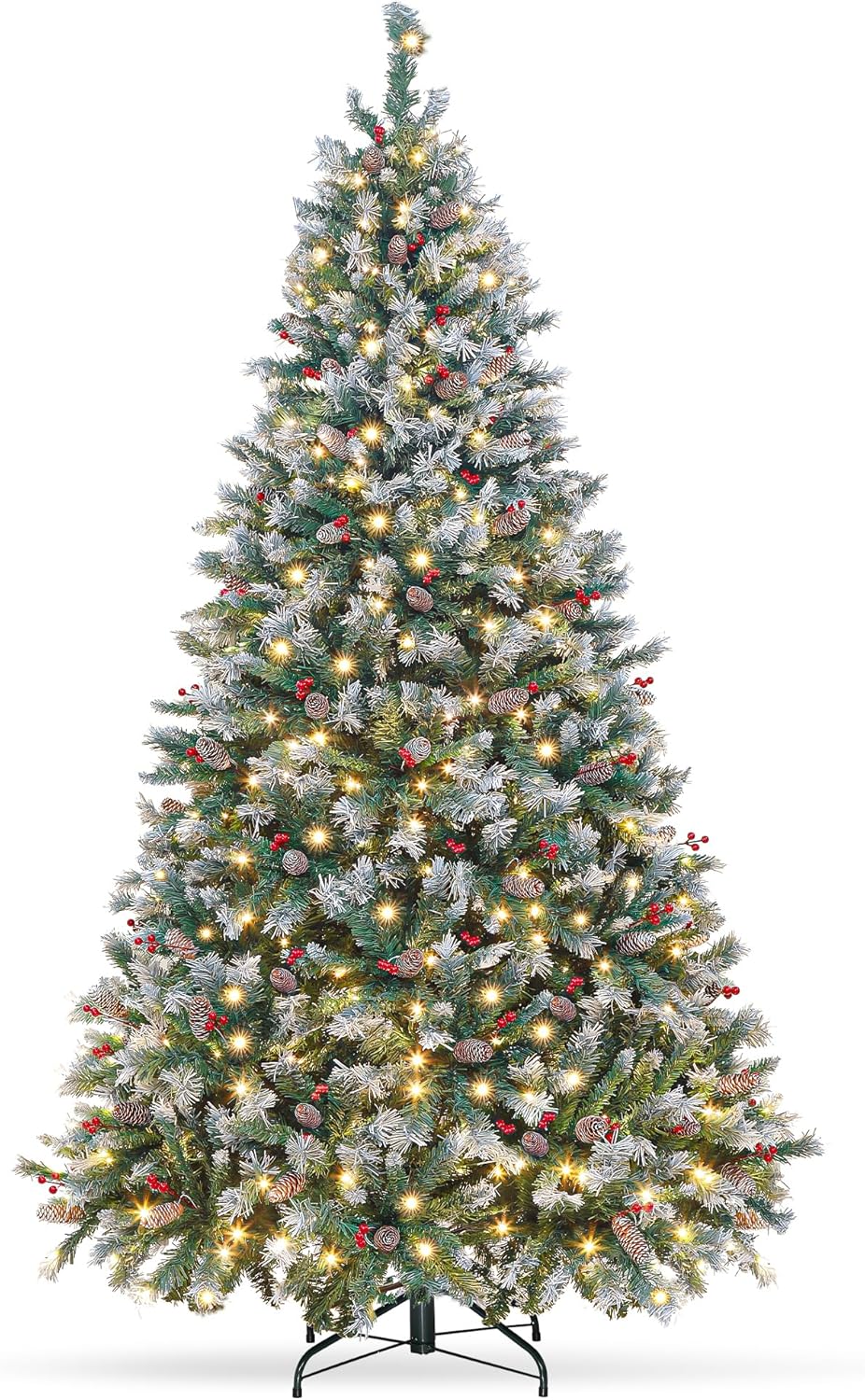 Trees - 6FT Pre-Lit Christmas Tree with Lights, Artificial Christmas Tree with 275 Warm White LED Lights, 56 Pine Cones, 56 Berries, Indoor Holiday Fake Xmas Tree for Home, Office, Party Decorations