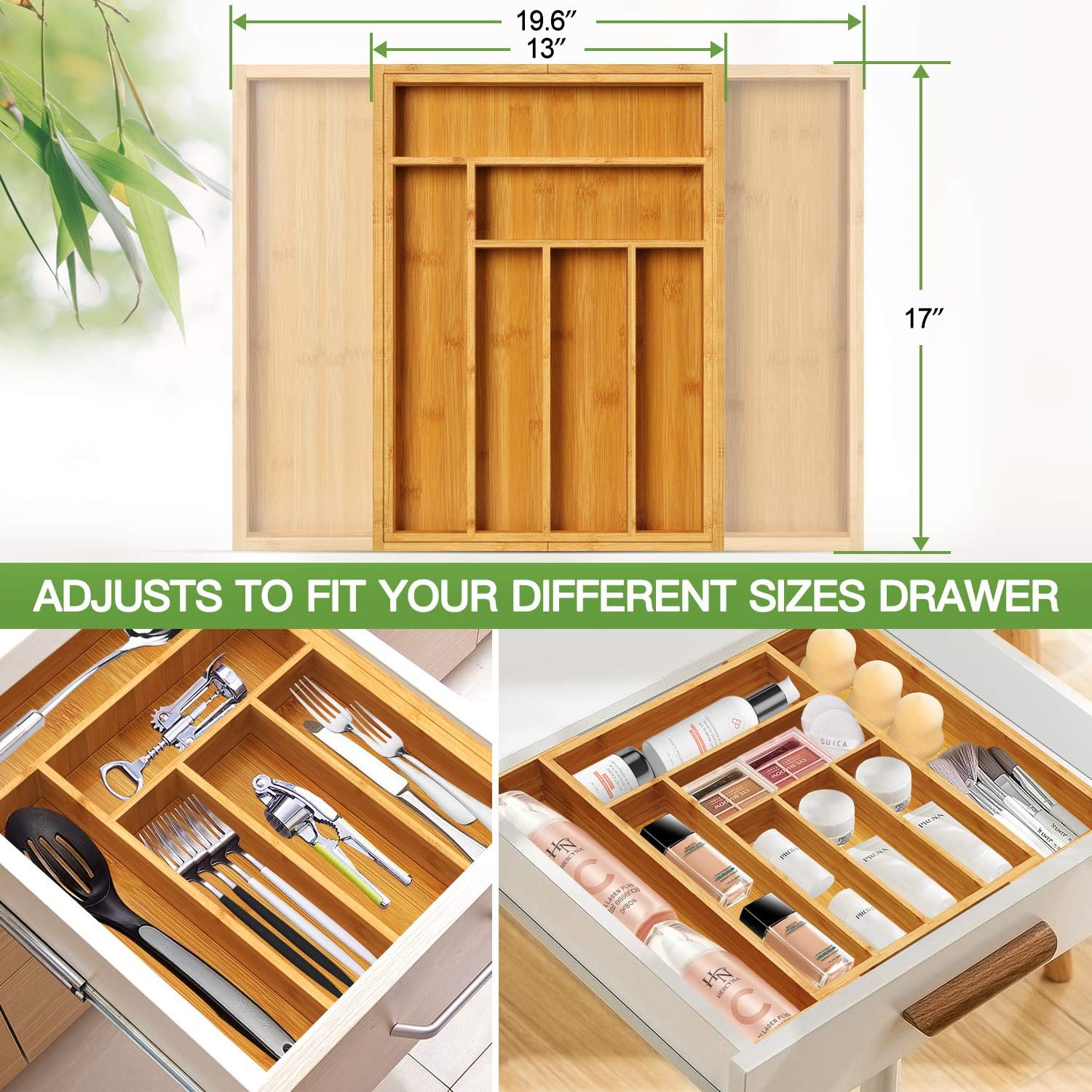 Kitchen Drawer Organizer Expandable, Bamboo Silverware Tray for Kitchen Drawers, Utensils Drawer Organizer Multi-functional Silverware Holder for Kitchen Utensil and Flatware By FURNINXS -