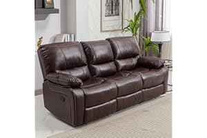 EBELLO Faux Leather Manual Reclining Sofa, Overstuffed Comfortable Armrest 3-Seater Recliner Sofa, Couch for Living Room, Bedroom Furniture, Meeting Room, Brown (3 Seat Sofa)