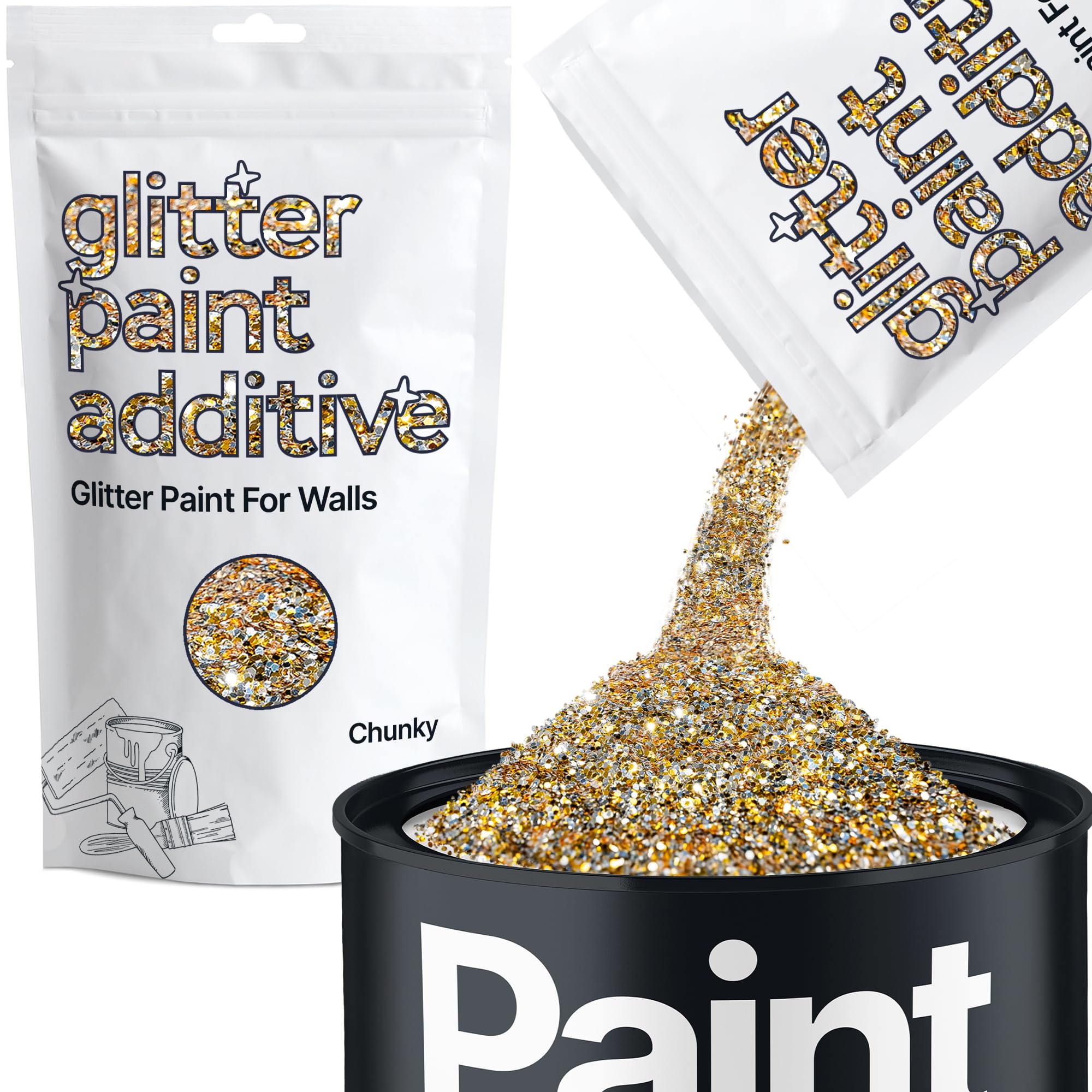 Hemway Gold Silver Glitter Paint Additive Chunky 100g for Adding Sparkle to Paints & Varnish | Paint Walls Sparkly Add to Emulsion, Acrylic or Lacquer Indoor