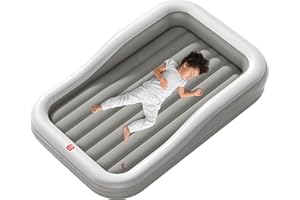 QPAU Inflatable Toddler Travel Bed with 3-Sided Safety Bumpers, Extra Large Kids Air Mattress, Includes Detachable Mattress, Portable for Camping, Travel, Home Use (Grey)