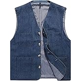 HangNiFang Men's Casual Denim Cotton Utility Vest Button Up Outdoor Pocketed Waistcoat