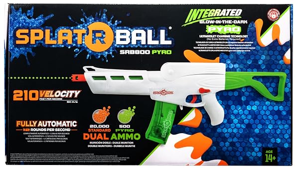 SPLATRBALL SRB800 PYRO GLOW-IN-THE-DARK WATER GEL BALL BLASTER KIT – FULL AUTO, 210 FPS, 800-ROUND MAGAZINE, 20,500 TOTAL ROUNDS – ORANGE/WHITE