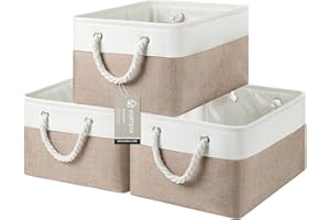 VQRTEXA Storage Baskets, Fabric Storage Bins, Versatile Storage Baskets for Shelves with Handles, Large Closet Organizers for Shelves, Clothing, Toys, Books (3-Pack 15.7x11.8x8.2 inch, White&Khaki)