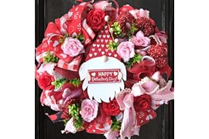 TEMPUS Valentine's Day Wreath 18" Mesh Heart Wreath with 3D Rose Flowers、Red Pink Roses and Happy Valentine Day Sign for Front Door Window Home and Festival Celebration