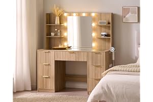AMERLIFE 47.2" Fluted Vanity Desk with Mirror and Adjustable LED Lights, Large 7 Drawers Makeup Table with Glass Top and Charging Station for Women and Girls, Bedroom or Dorm, Natural Oak