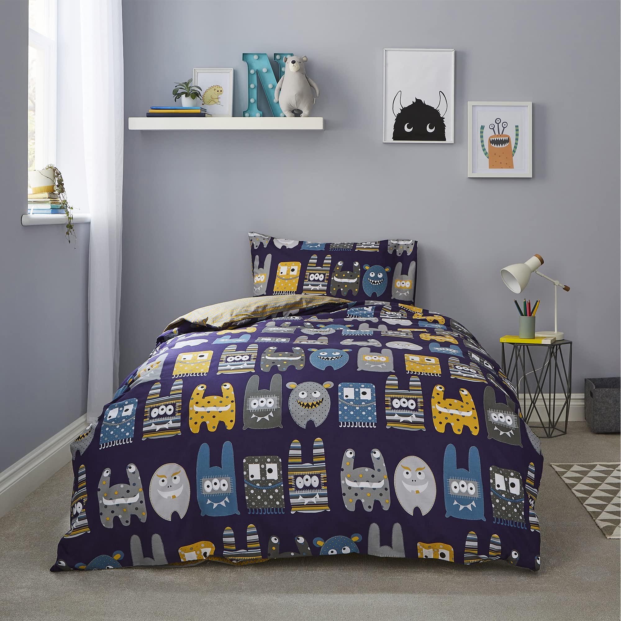 Silentnight Healthy Growth Monster Kids Duvet Set - Toddler Children's Boys Bedding Quilt Pillowcase - Machine Washable Duvets Quilts Bed Covers Set, Single