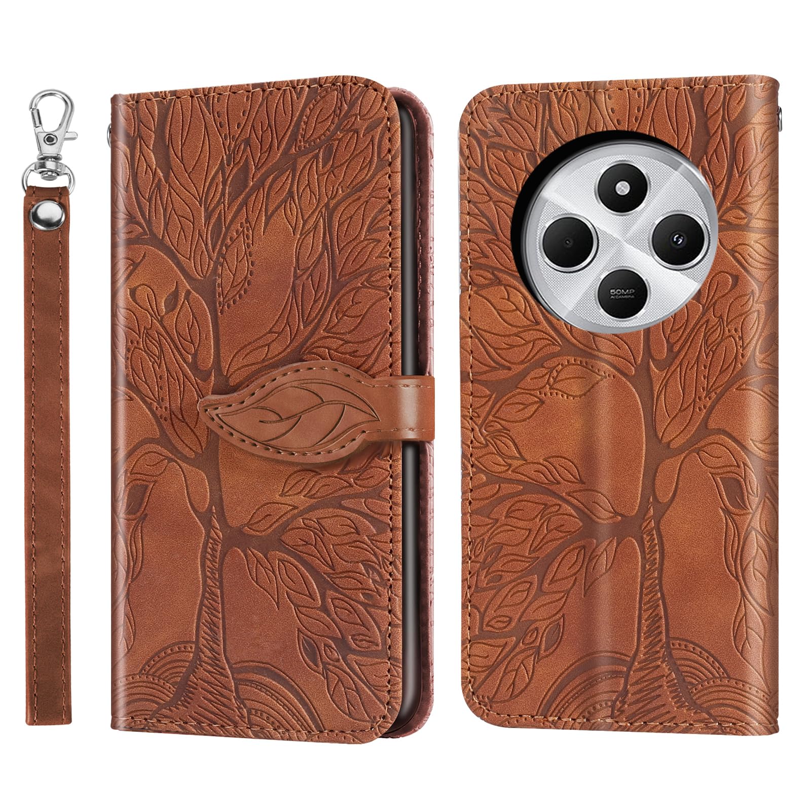 Rostsant Mobile Phone Case for Xiaomi Redmi 14C/Poco C75 Embossed Tree PU Leather Xiaomi Redmi 14C/Poco C75 Flip Case Wallet Bag Cover for Xiaomi Redmi 14C/Poco C75 Brown