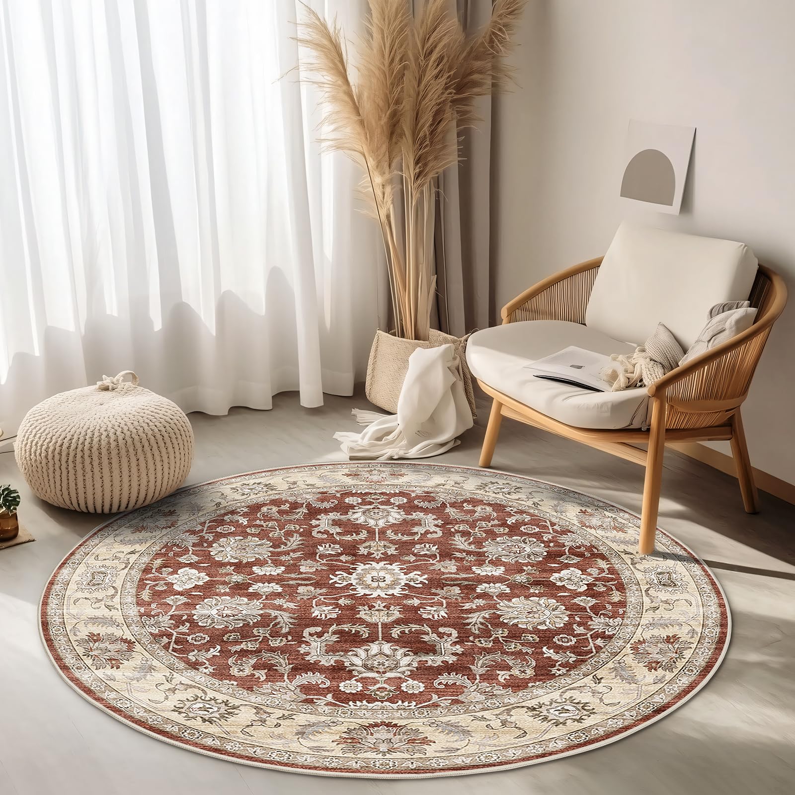 Photo 1 of WITSHOCK 4ft Round Area Rugs for Living Room: Non-Slip Washable Vintage Soft Circle Rug - Soft Low Pile Carpet for Bedroom Under Dining Table Home Office Decor (Red)