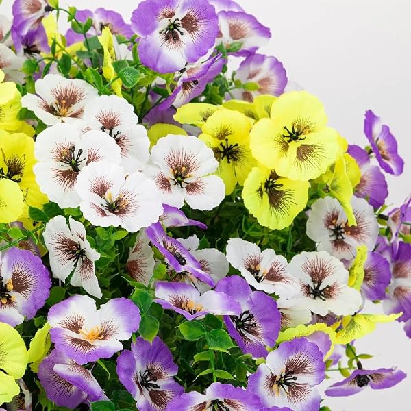 GIAUMA 18 BUNDLES ARTIFICIAL PANSY FLOWERS FOR OUTDOORS UV RESISTANT – REALISTIC SILK FAKE OUTSIDE FLOWERS FAUX PLANTS FOR OUTDOOR PLANTERS, PORCH, PATIO, GARDEN, WINDOW BOX DECORATION(3 COLORS)