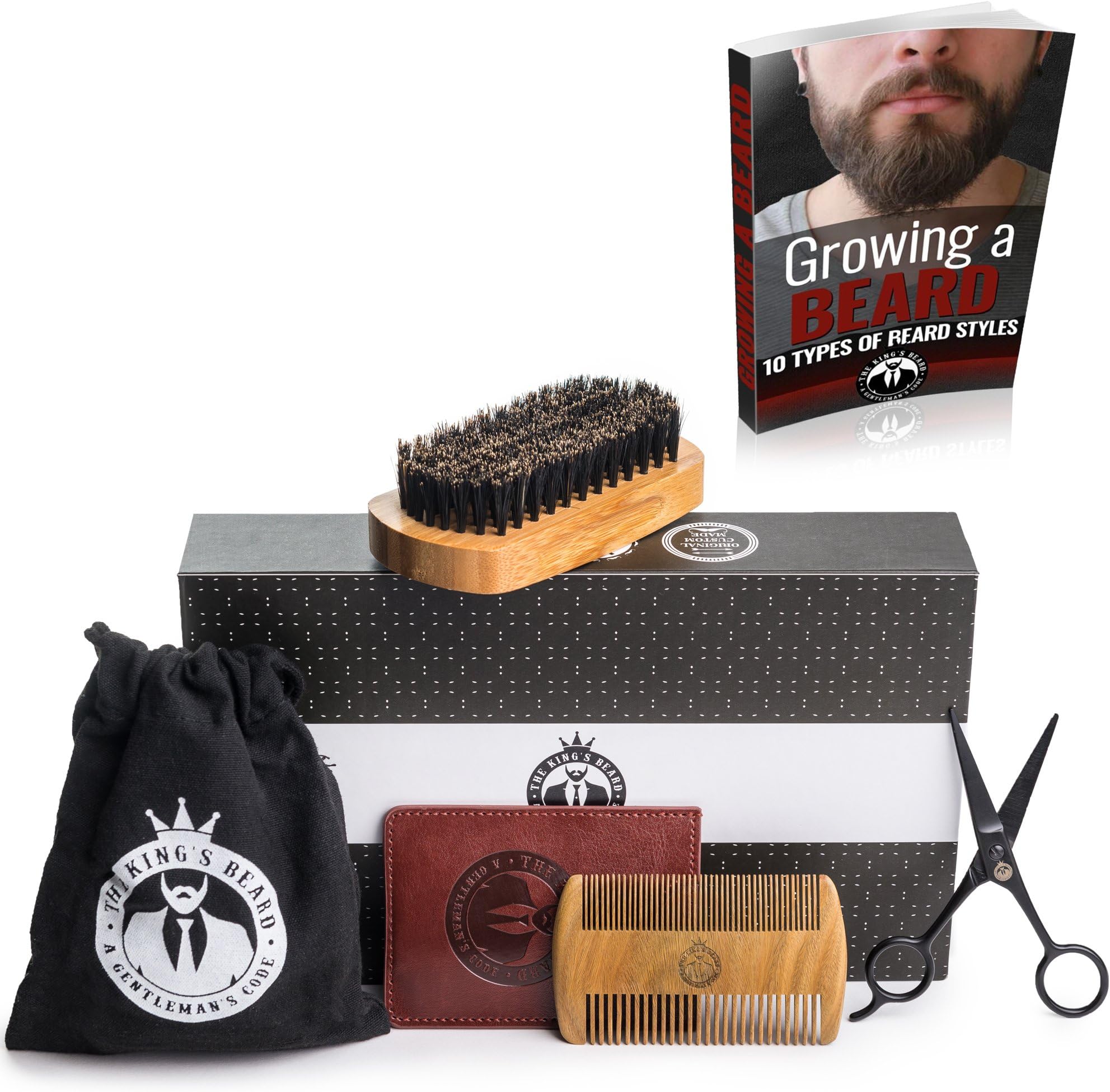 Beard Grooming Kit Natural Bamboo Beard Brush with Boar Bristle & Sandalwood Beard Comb with PU Leather Case & Stainless Steel Scissors