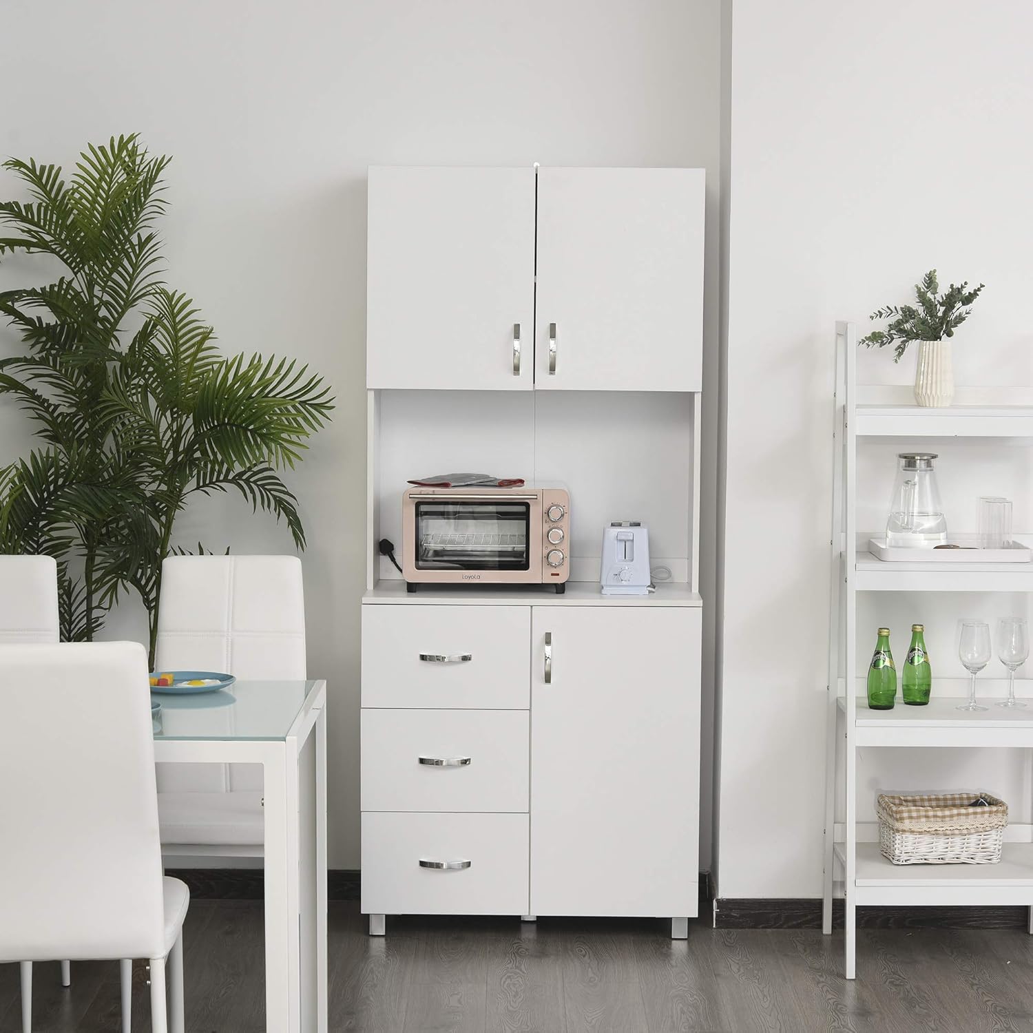 HOMCOM Freestanding Kitchen Buffet with Hutch Storage Pantry with 2 Cabinets, 3 Drawers and 1 Open Space, Adjustable Height Unit, White: Furniture & Decor