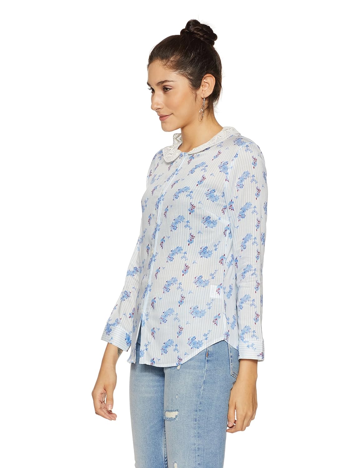 stylevile women's printed shirt with lace collar