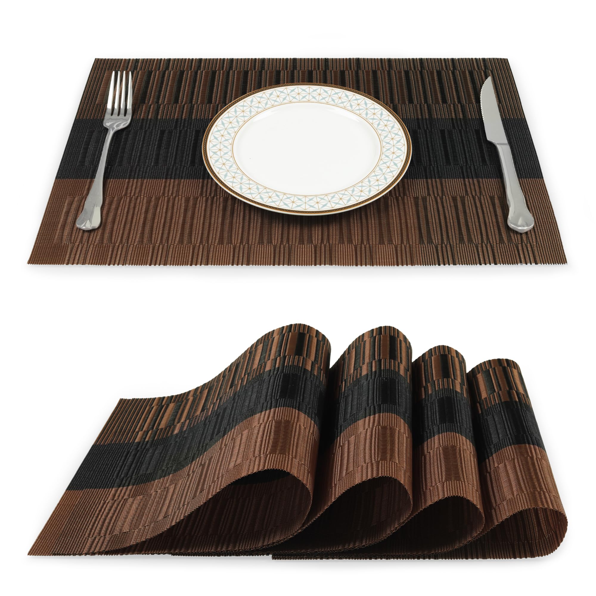 fanquare Brown Rectangle Placemats 45x30 cm, PVC Place Mats for Dining Table, Gradient Stripe Gradient Stripe Bamboo Style Brown Table Mats, 4 Pack