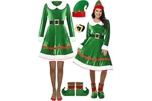 SOMSOC 5 Pack Women Christmas Elf Costume Set Velvet Dress Belt Striped Over Knee High Socks Elf Hat Shoes for Cosplay