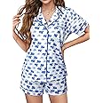FEMLE Womens Preppy Monkey Pajamas Y2k Cute Pj Sets 2 Piece Short Sleeve Button Down Loungewear Pjs Shorts Pajama Set