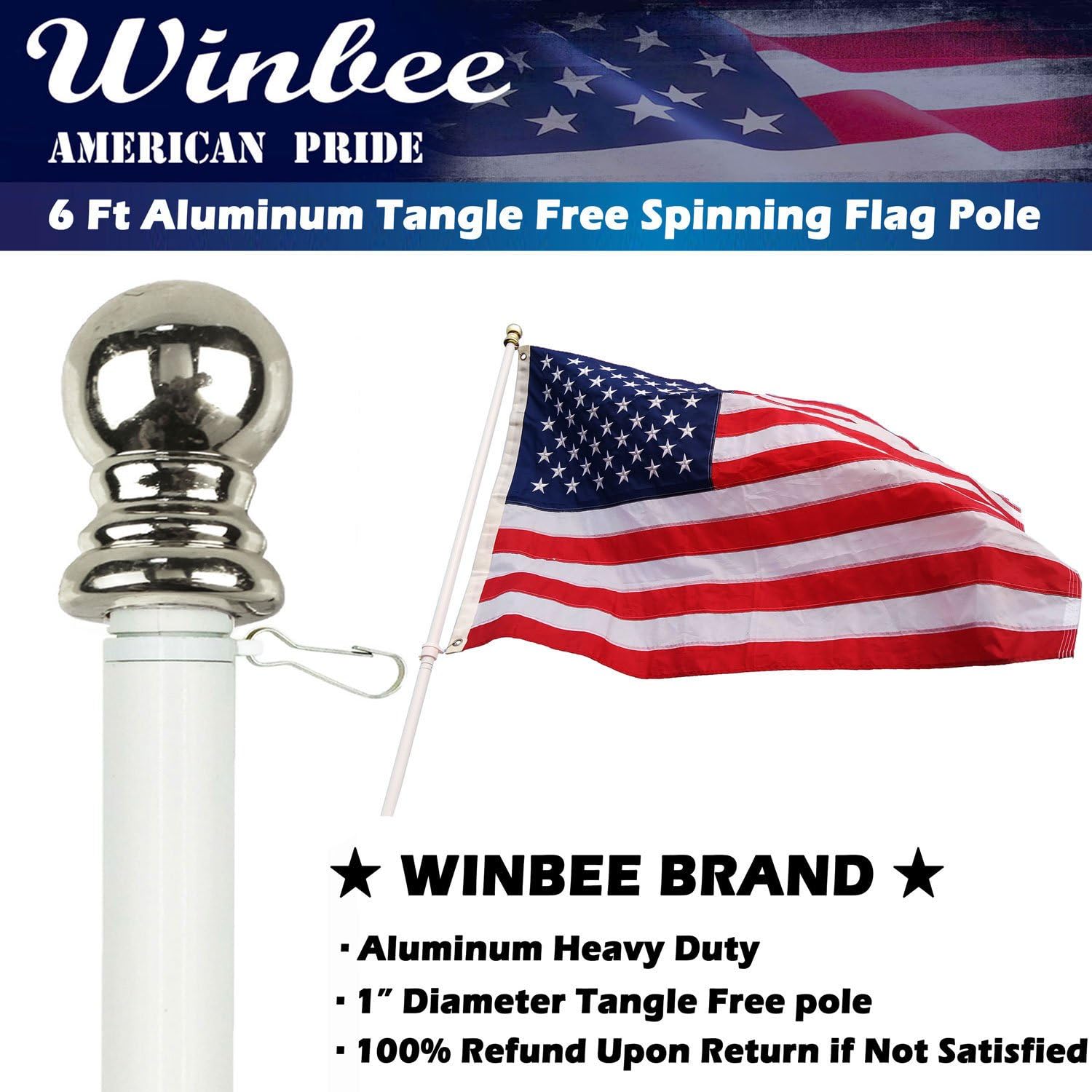 Aluminum Heavy Duty Flag Pole - 6 Ft Tangle Free Spinning Flag Pole Residential or Commercial, Best House Flag Pole for American Flag with Grommets, Wind Resistant and Rust Free (White + Silver Ball)