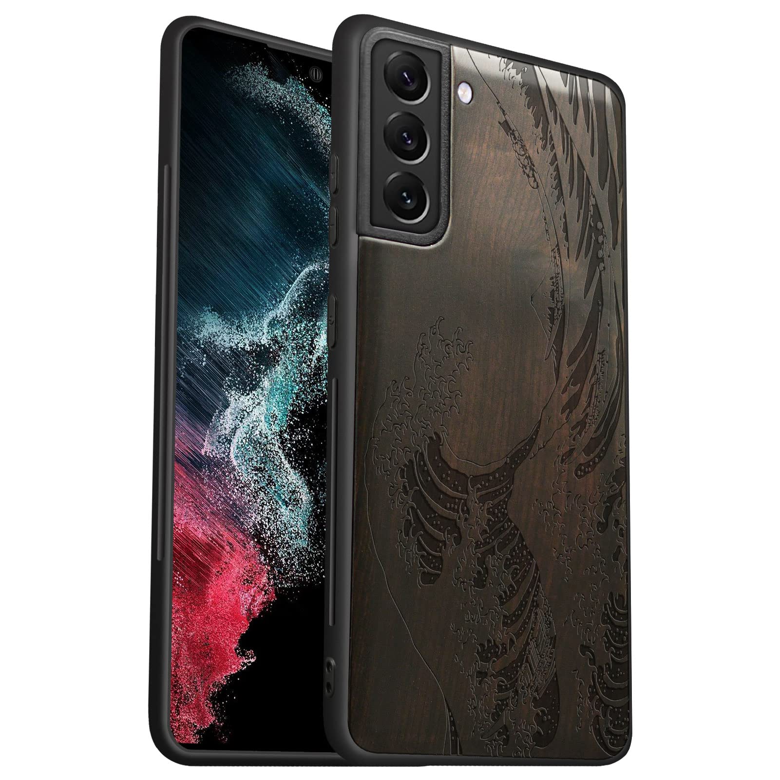 Carveit Wood Case for Galaxy S22+ - Hard Real Wood & Soft TPU - Shockproof Hybrid Protective Cover - Unique & Classy Wooden Case - Compatible with S22 Plus - Wave Off Kanagawa - Blackwood