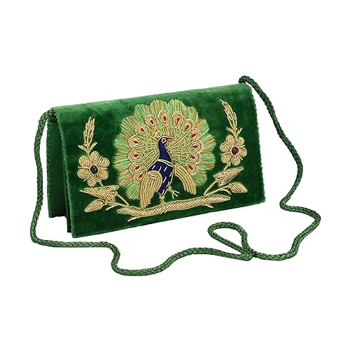 women clutches by himalaya handicraft handmade clutches strap detachable embroidery purse with 2 pocket zardori work clutches for party wear casual and daily use clutches (Green/Black)