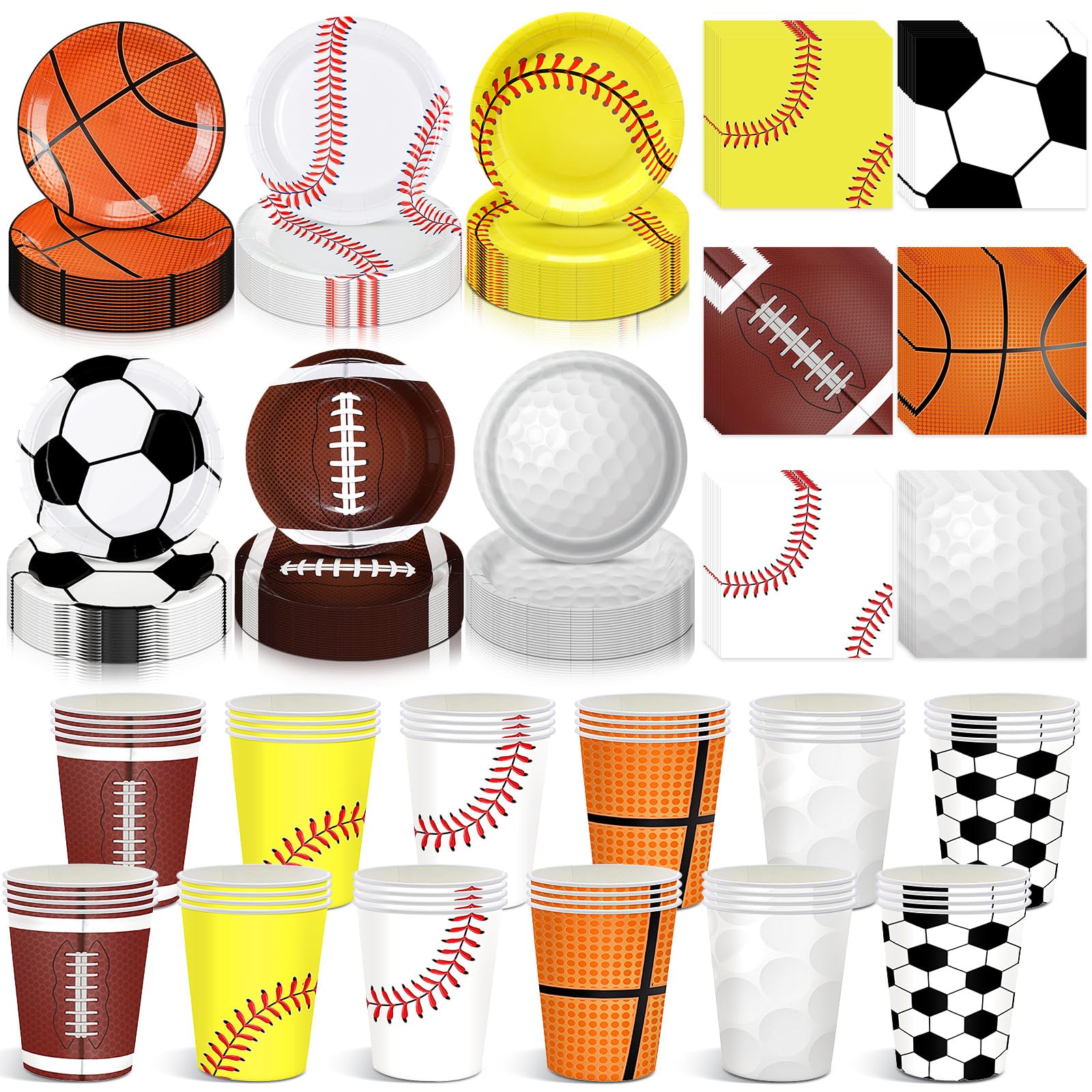 Photo 1 of Hushee 180 Pcs Sports Theme Birthday Party Decoration Disposable Tableware Supplies Include 60 9" Sports Theme Paper Plate 60 9 oz Paper Cup 60 Napkin for Basketball Football Party (Classic Style)