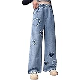 Rolanko Girls Baggy Jeans Distressed Denim Pants Elastic Waist Wide Leg Jeans for Girls Kids Loose Fit 4-14 Years