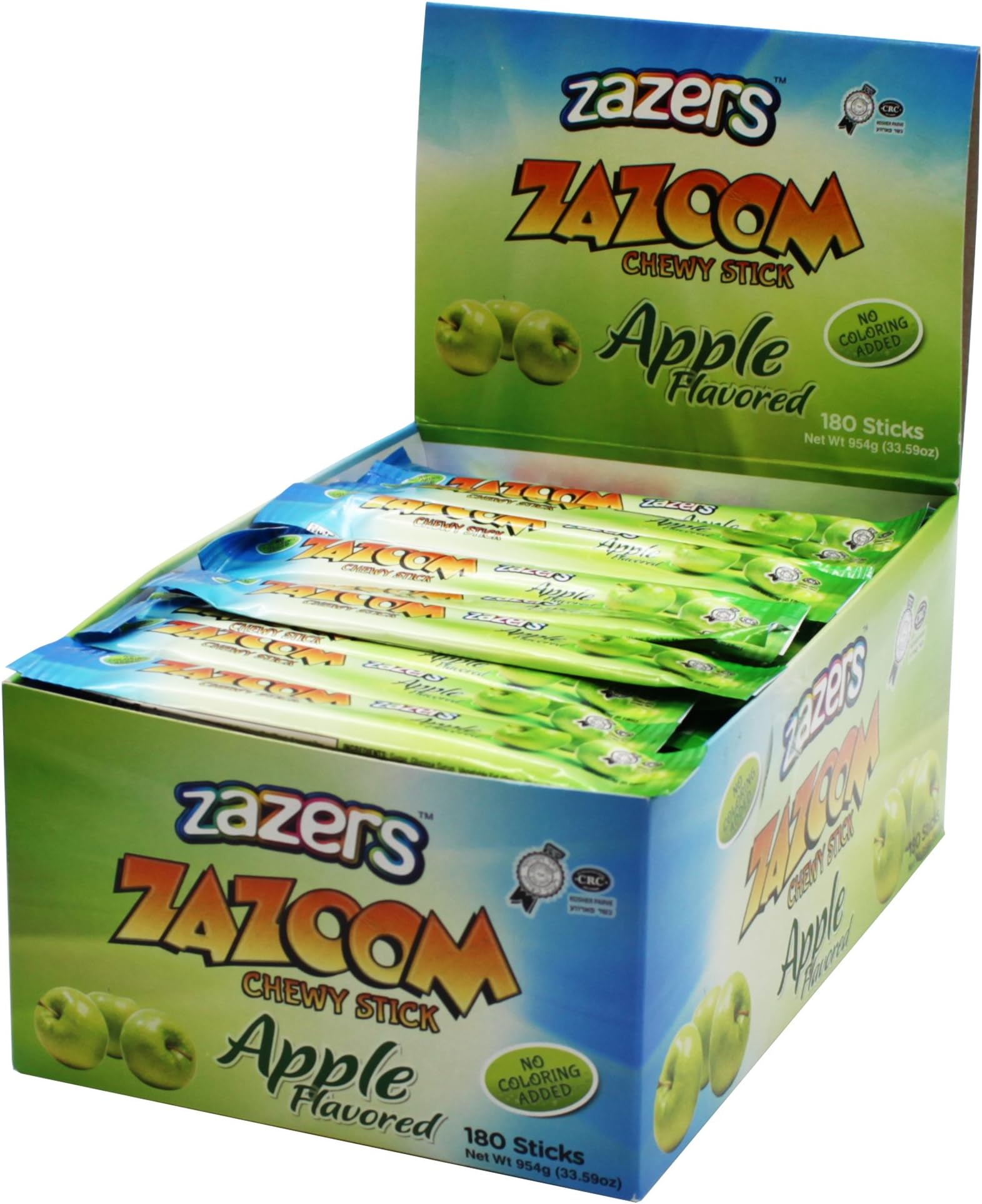 Zazers Chewy Zazoom Sticks Taffe No Coloring Gluten Free Kosher 180pcs (Green Apple, Display)