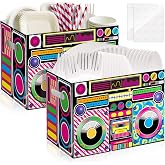 2PCS Boom Box Utensil Holder Retro Radio Utensil Caddy for 80s 90s Party Decorations Paper Cutlery Holder with Handles for Hip Hop Birthday Party Supplies Disposable 1980s 1990s Disco Cutlery Caddy