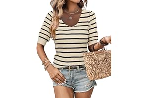 Zeagoo Fall Sweaters for Women 2024 V Neck Short Sleeve Shirt Ribbed Knit Fit Pullover Sweater Tops