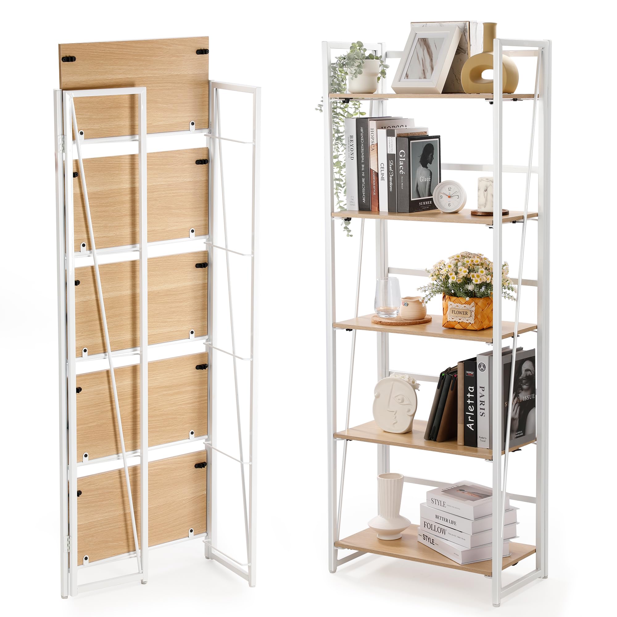 Photo 1 of *MISSING PIECES** Rengue No-Assembly Folding Bookshelf Storage Shelves 5 Tiers Foldable Vintage Multifunctional Plant Flower Stand Storage Rack Shelves Bookcase for Home Office, White