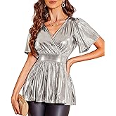SEXYCHRM Glitter Peplum Tops for Womens - Sparkly V Neck Shirts Ruffle Sleeve Blouse Wrap Tunic Metallic Cocktail Party Tops