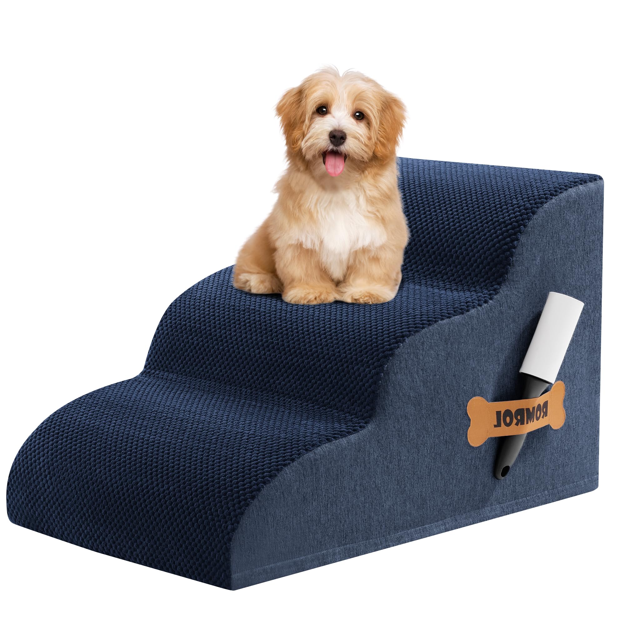 Photo 1 of Romrol Dog Stairs Ramp for Beds Couches, Extra Wide Pet Steps with Durable Non-Slip Waterproof Fabric Cover, Dog Slope Stairs for Small Dogs and Cats or Pets Friendly, 3-Tiers, 13 Inch,Navy