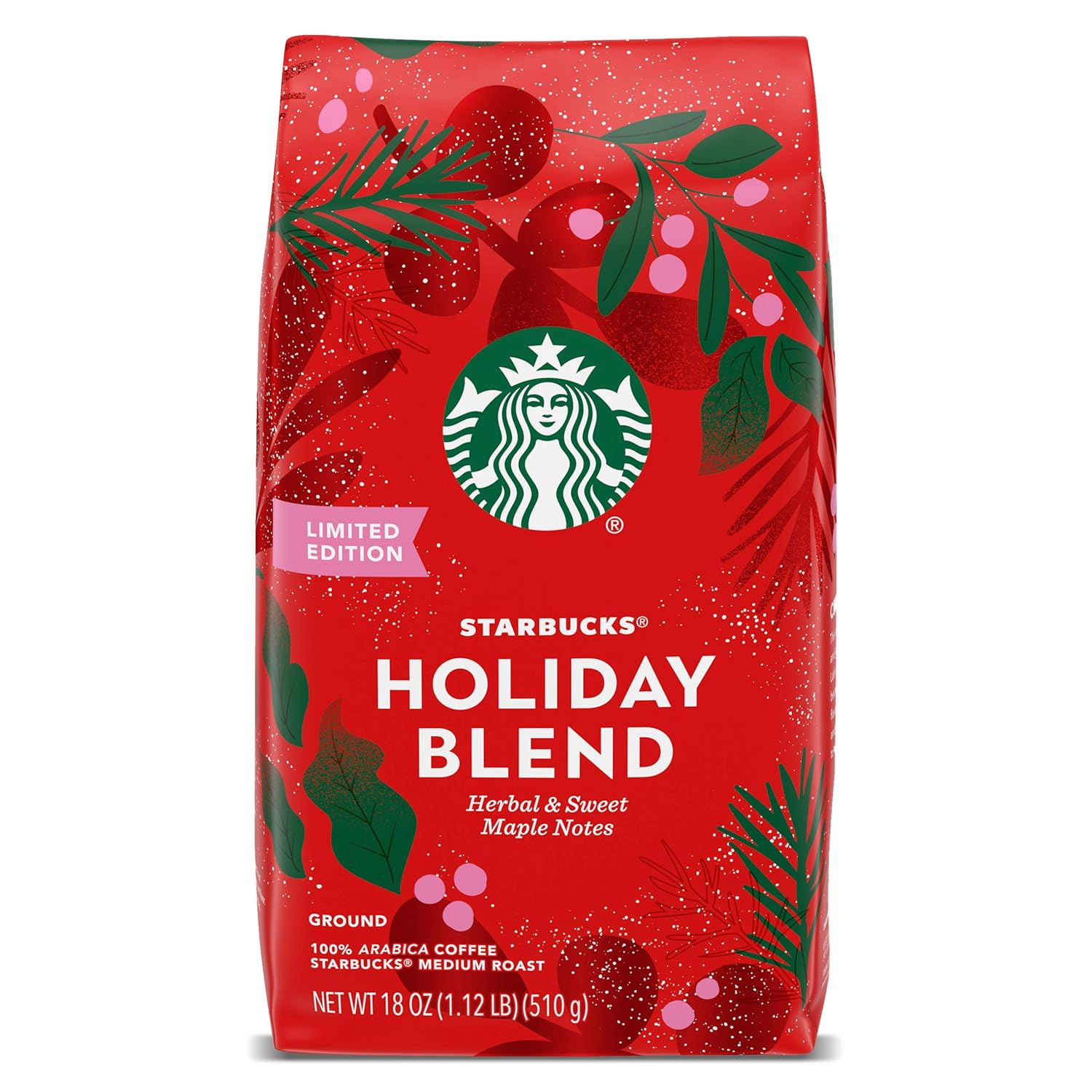 Amazon Com Starbucks Holiday Blend Medium Roast Ground Coffee 18 Ounce Pack Of 1 Bag Herbal Sweet Maple Notes Grocery Gourmet Food