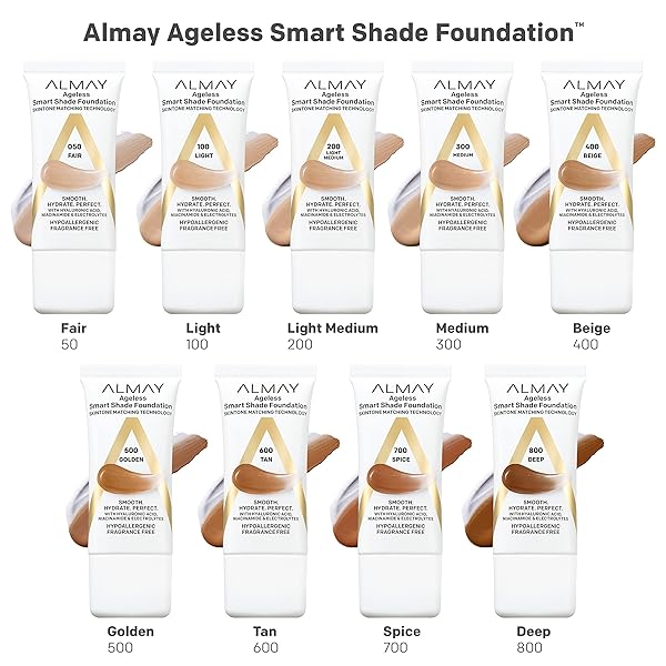 ALMAY ANTI-AGING FOUNDATION, SMART SHADE FACE MAKEUP WITH HYALURONIC ACID, NIACINAMIDE, VITAMIN C & E, HYPOALLERGENIC-FRAGRANCE FREE, 100 LIGHT, 1 FL OZ (PACK OF 1)
