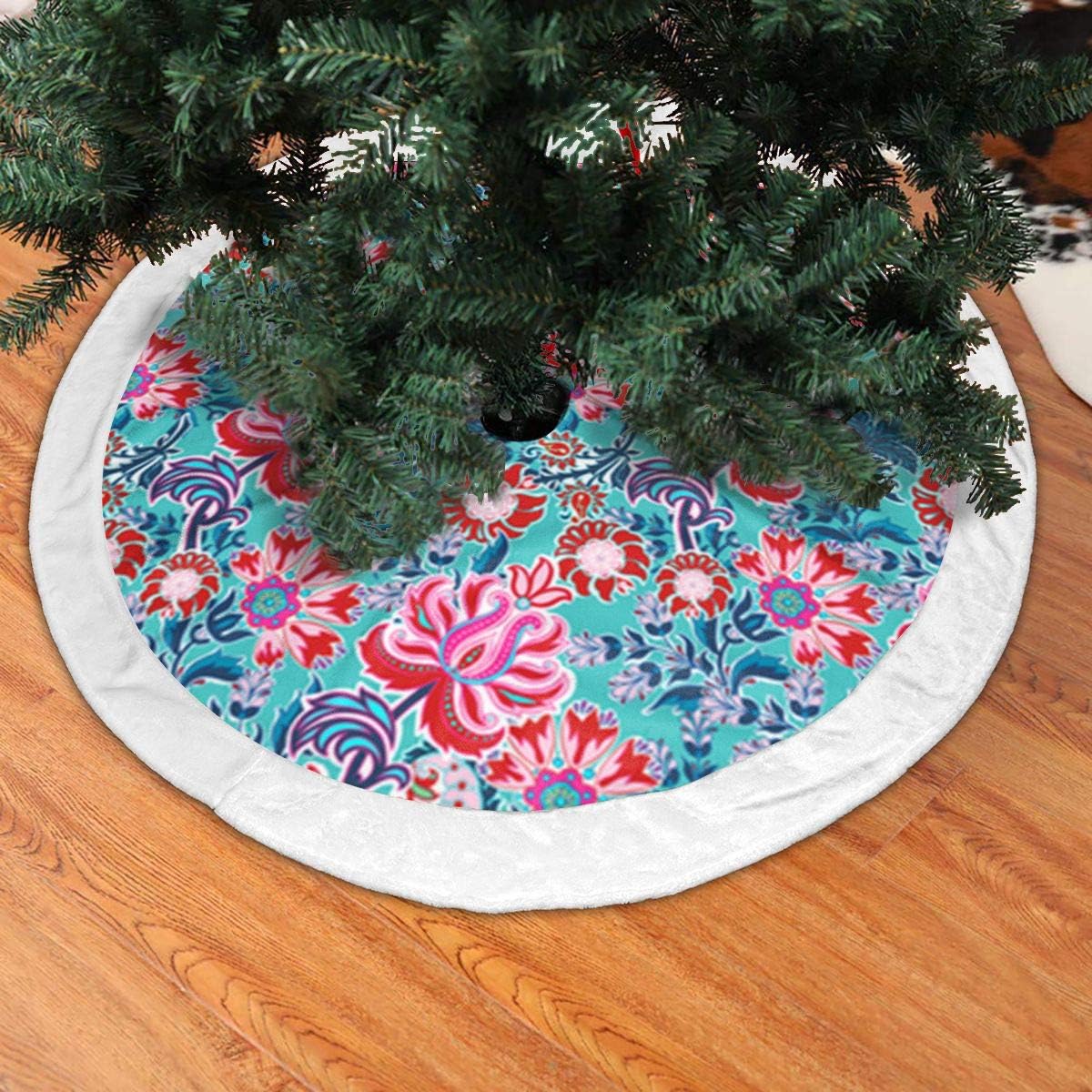 Amazon Com Guiytq5r Floral In Turquoise Pink And Red Christmas Tree Skirt Tree Skirt For Christmas With White Plush Xmas Tree Decorations Holiday Decoration Indoor Outdoor Home Kitchen