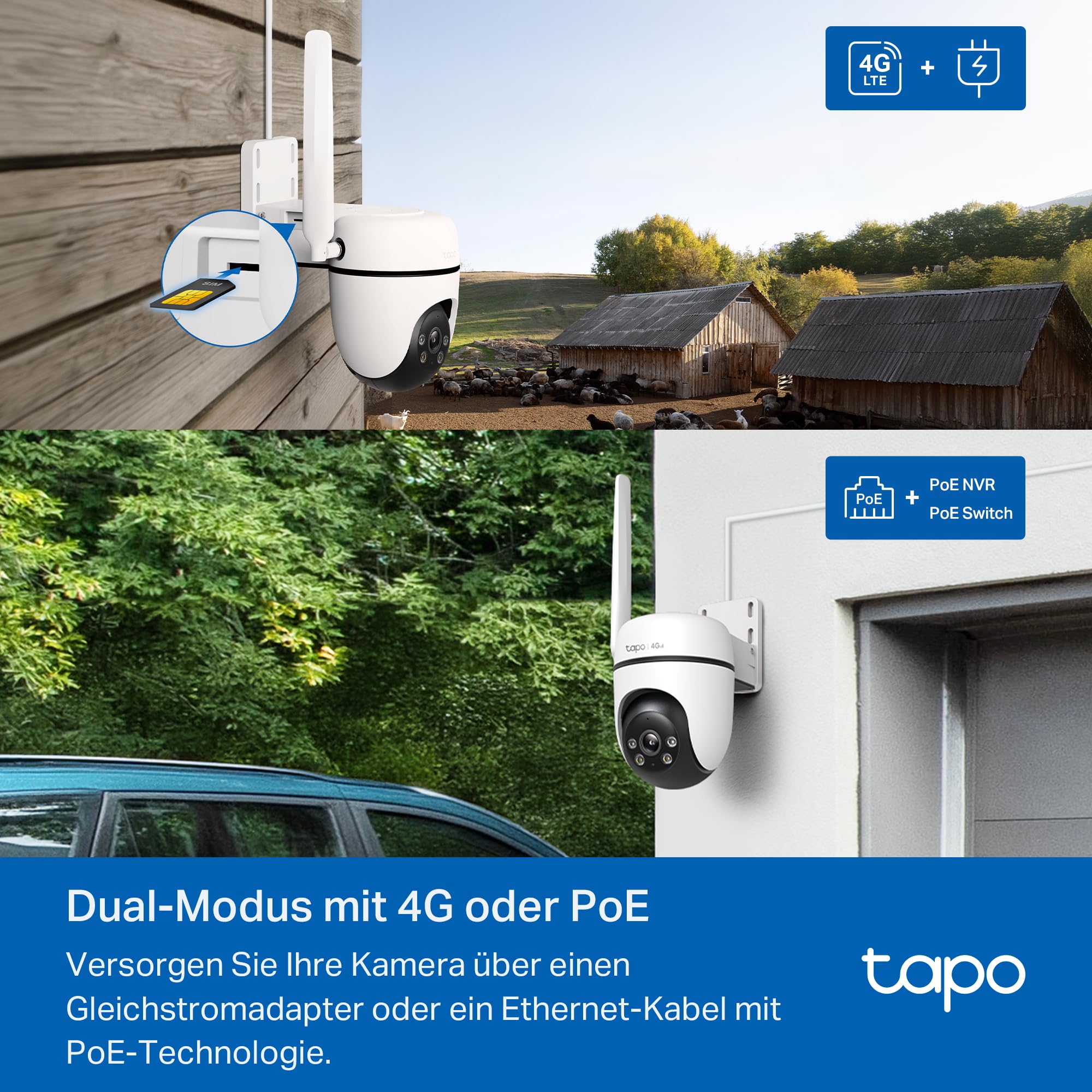 Tapo C501GW 360° 4G LTE Überwachungskamera mit SIM-Kartenslot, kein WLAN erforderlich, Starlight farbige Nachtsicht, AI-Erkennung, DC/PoE-Stromversorgung, IP66, lokaler und Cloud-Speicher, kein WLAN 5