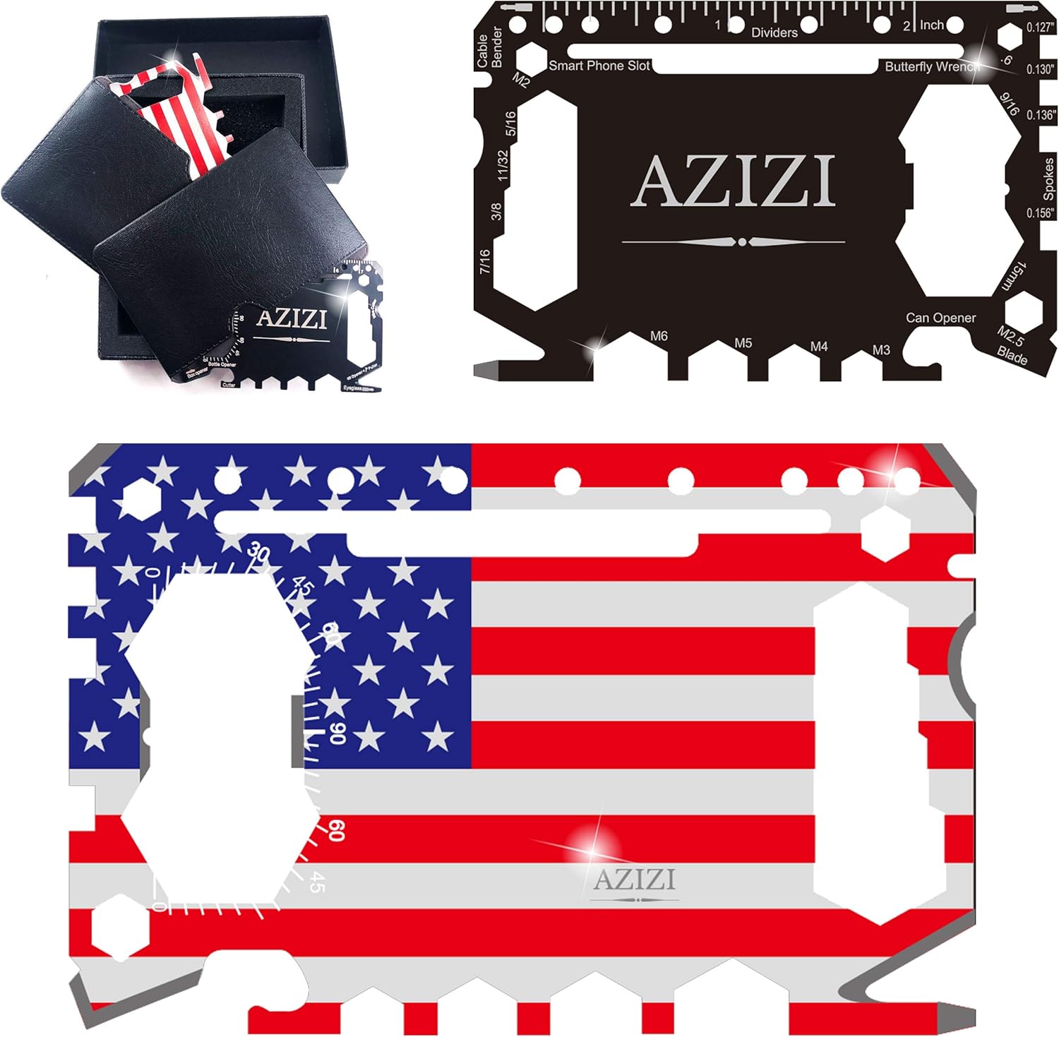 [2020 NEW] AZIZI 46 in 1 Credit Card Tool for Men- Best Holiday& Christmas Gifts Stocking Stuffer- Minimalist Cool Gadgets for Men- Edc Tactical Survival Wallet Multitool (Black + Patriot Edition)